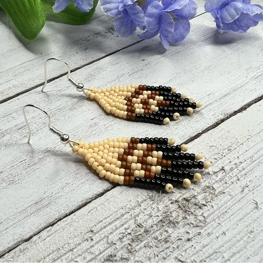 Mini Seed‎ Beaded Earrings 2 inches Long Handmade Jewelry Neutral Color Earrings